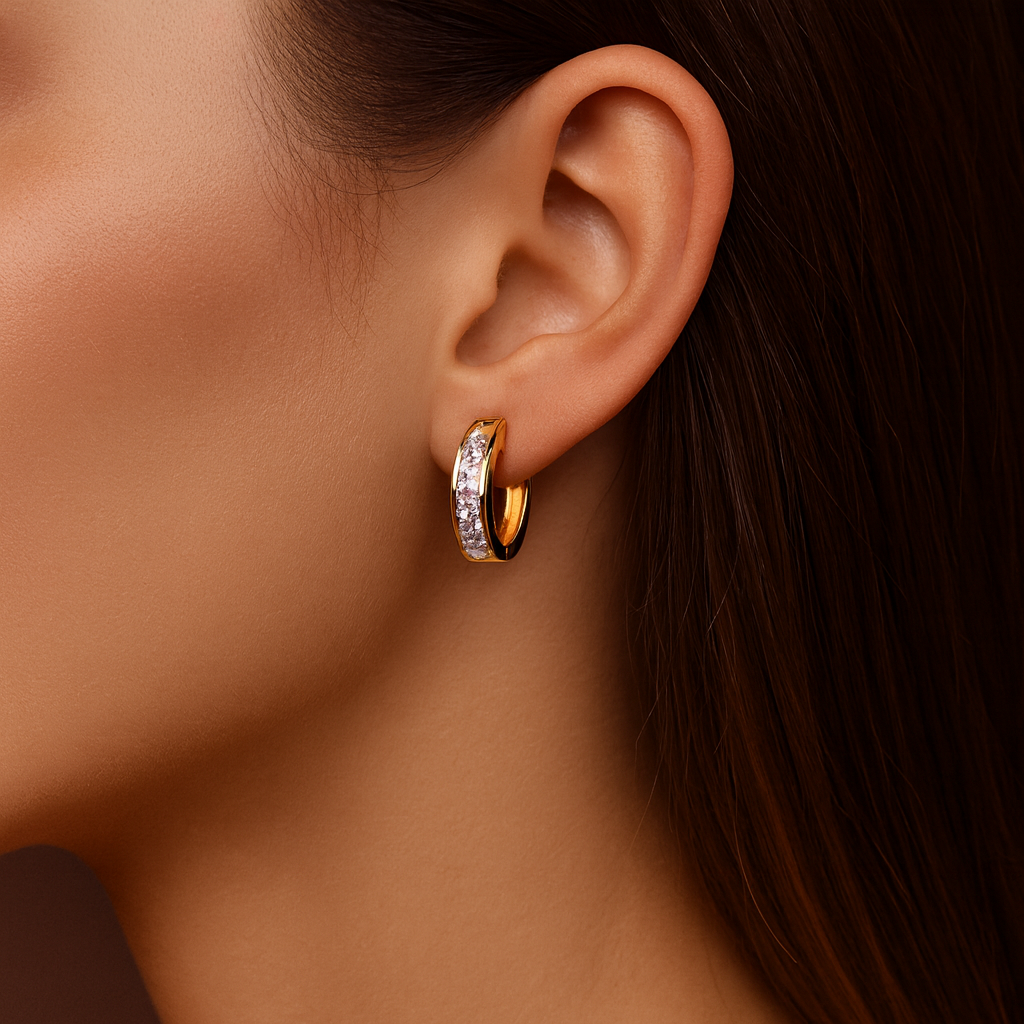 Women’s Hoop Earrings with Square Stone Setting and Slim Ring Design