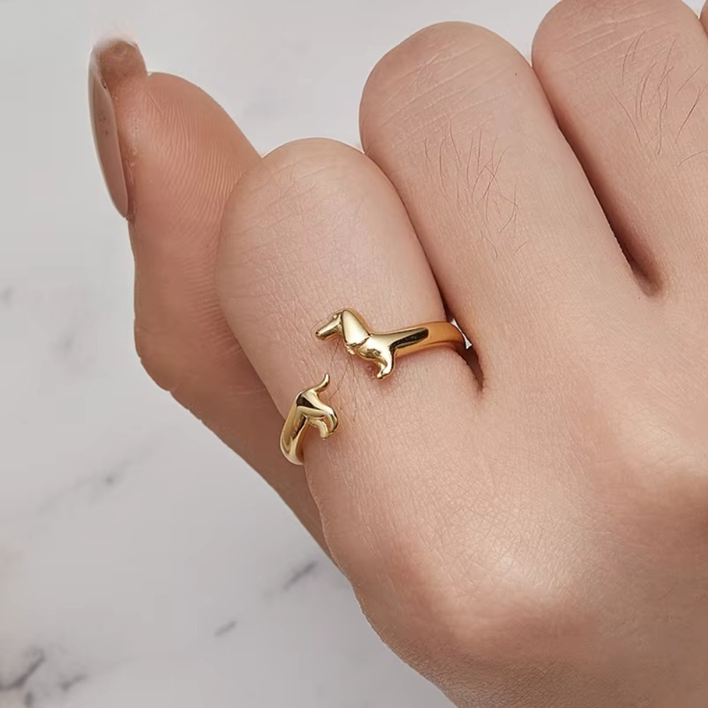 Women Adjustable Open Ring with Dachshund Motif