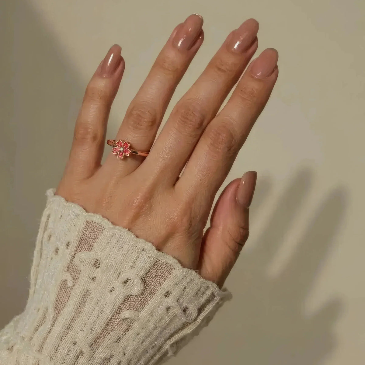 Women’s Adjustable Ring with Five Petal Flower Motif and Stone Accent