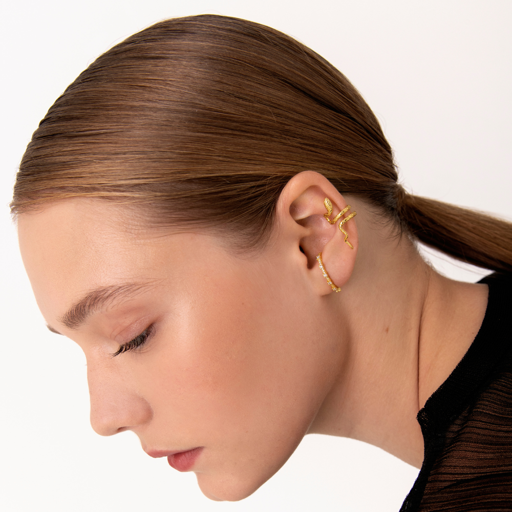 Women’s Snake Ear Cuff with Twisted Shape and Engraved Skin Pattern