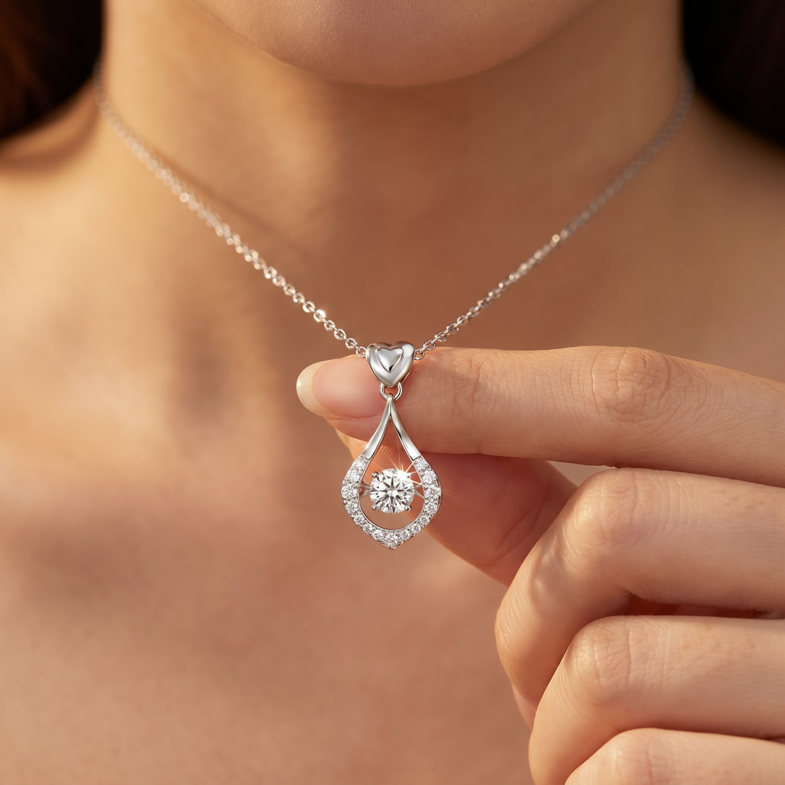 Women's Drop Necklace with Heart Detail and Floating Stone