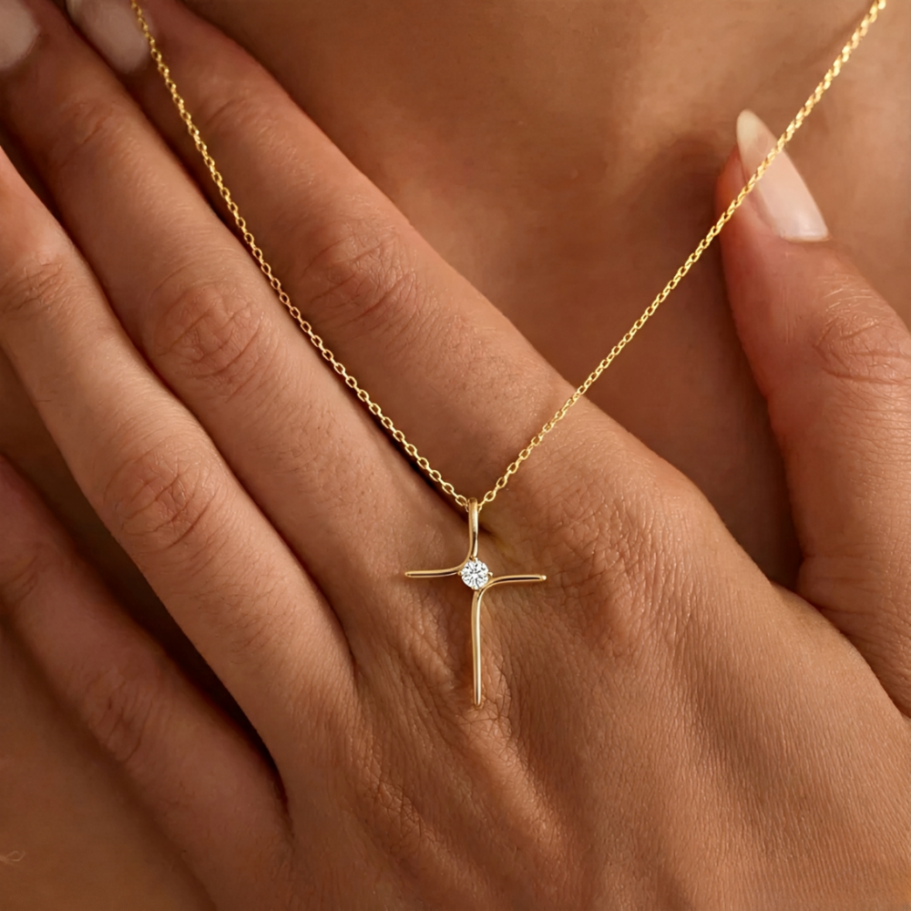 Women's Cross Necklace with Fine Line Motif and Central Stone Accent