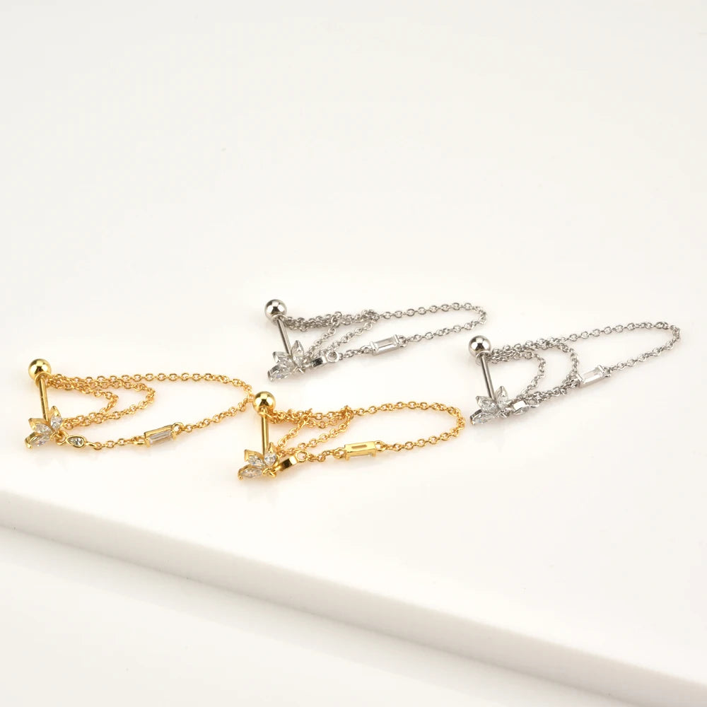 Women’s Chain Earrings with Star Motif and Elongated Stone Accent