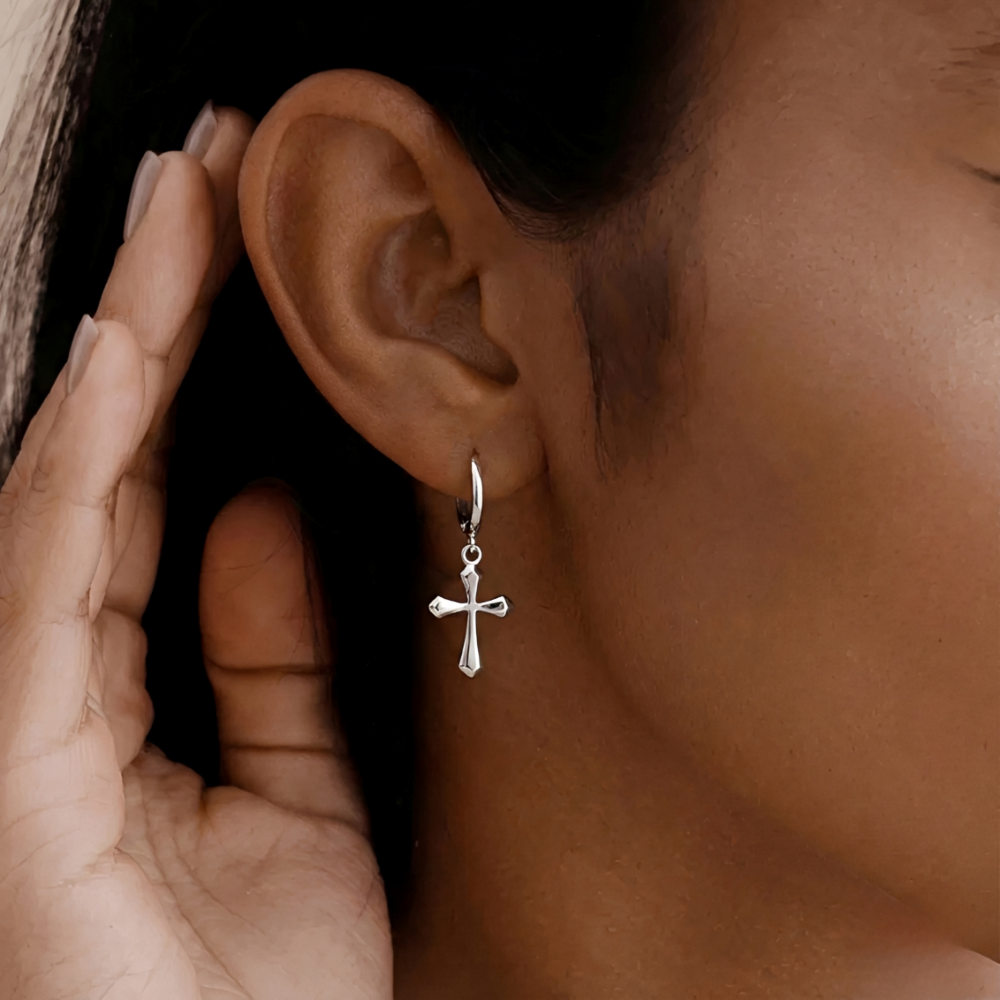 Women’s Huggie Earrings with Sculptural Cross Pendant