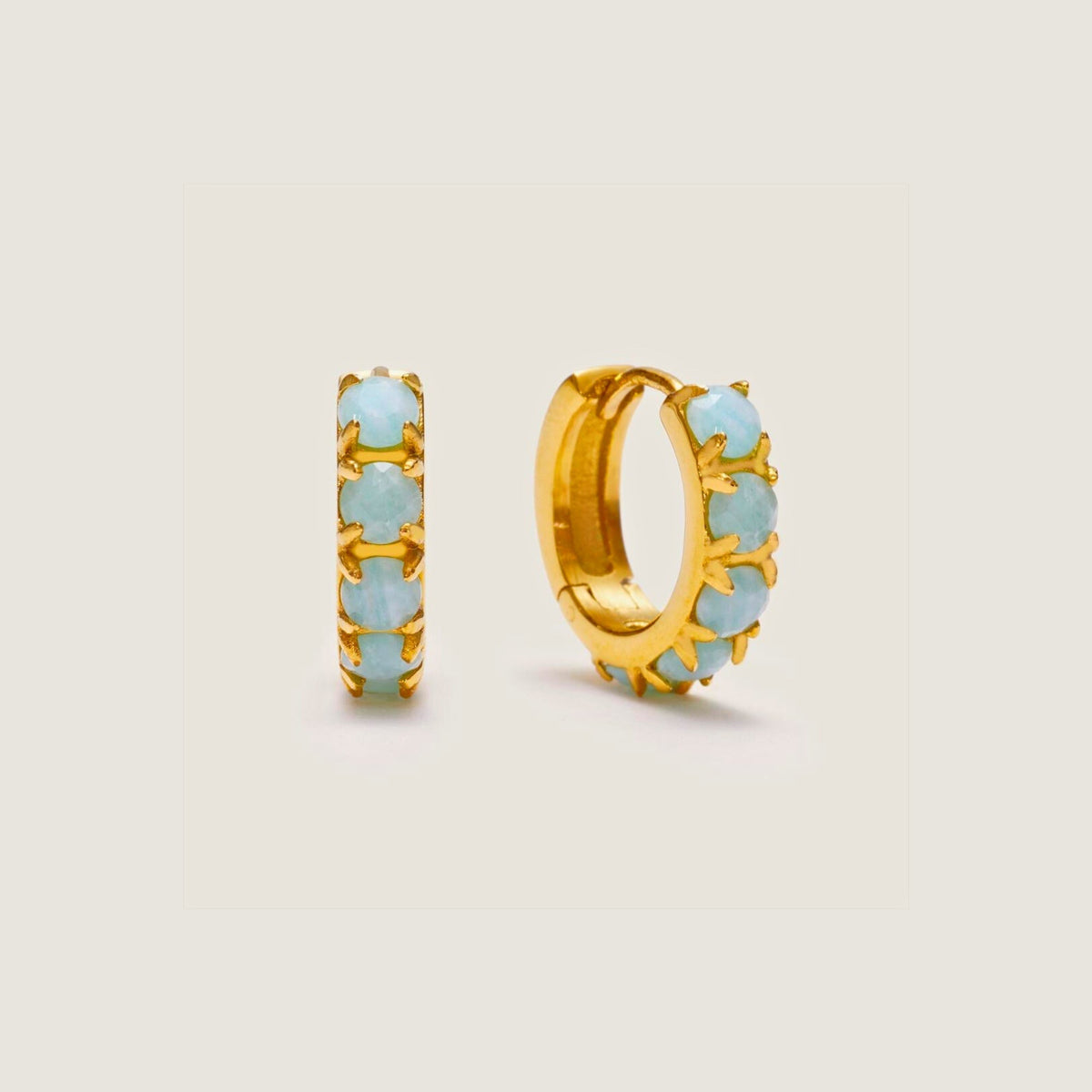 Women’s Huggie Earrings with Amazonite Stones and Round Stone Setting