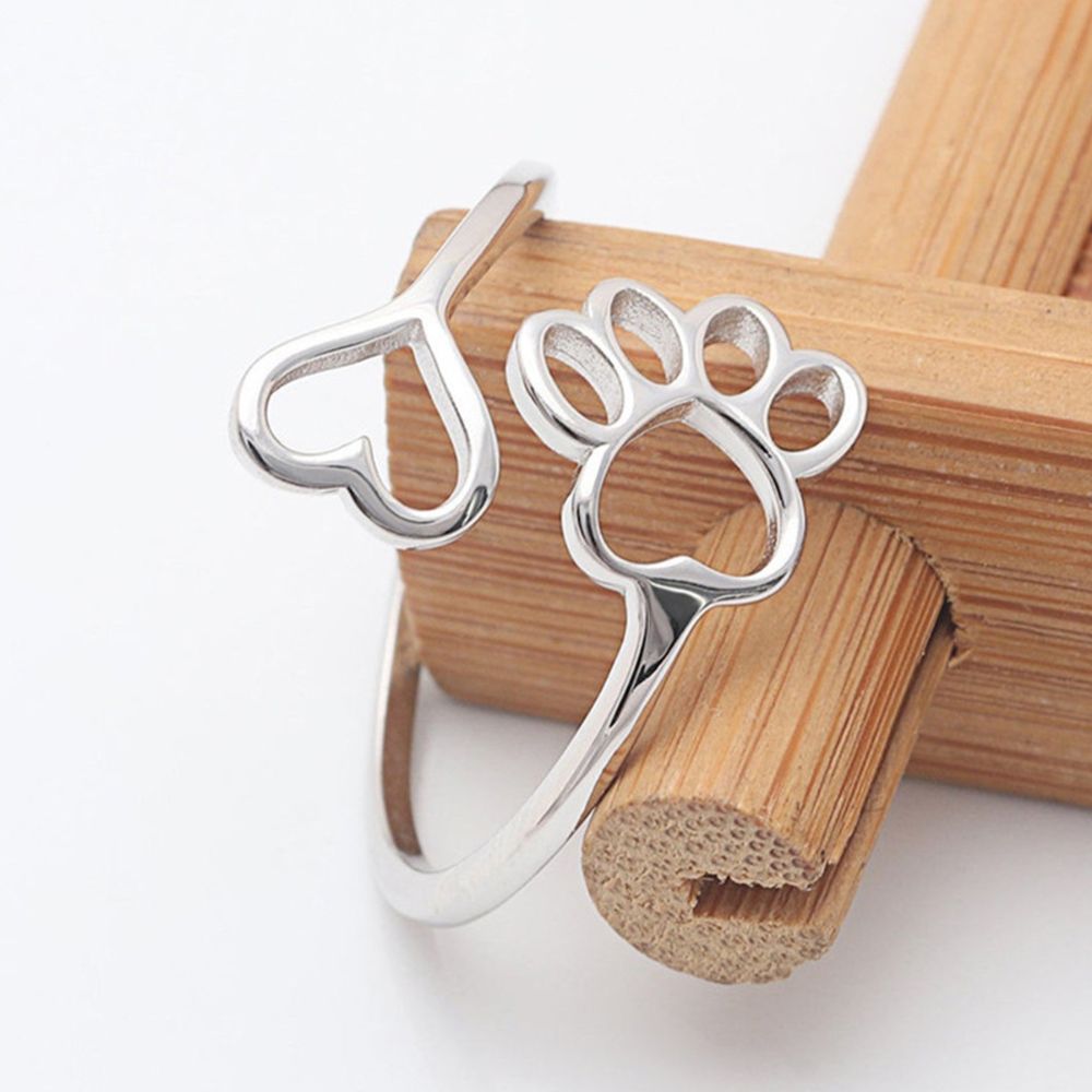 Women Adjustable Open Ring with Heart and Paw Motif
