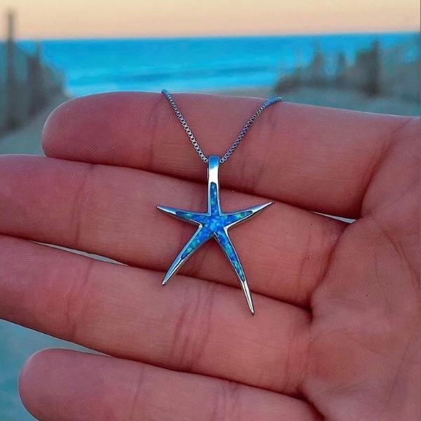 Starla – Silver Necklace with Starfish and Blue Opal