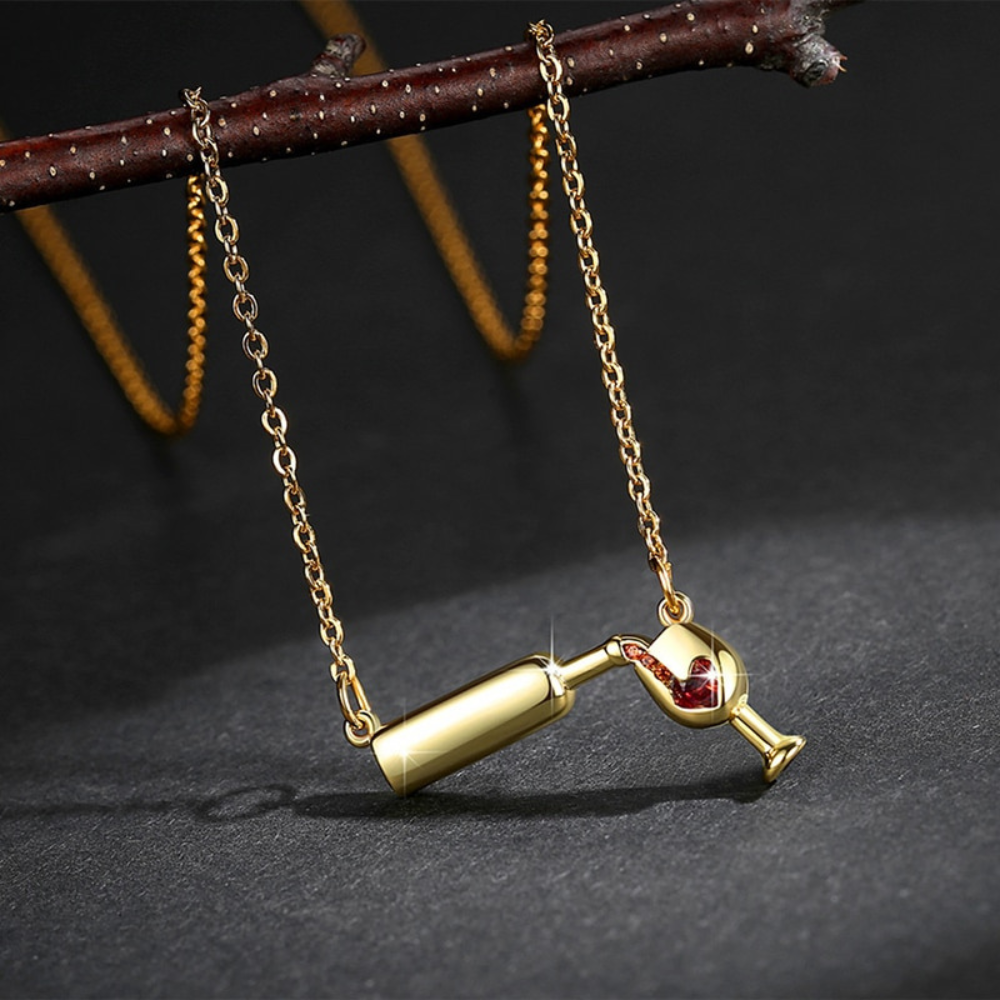 Women Necklace with Wine Bottle Pendant and Heart Detail