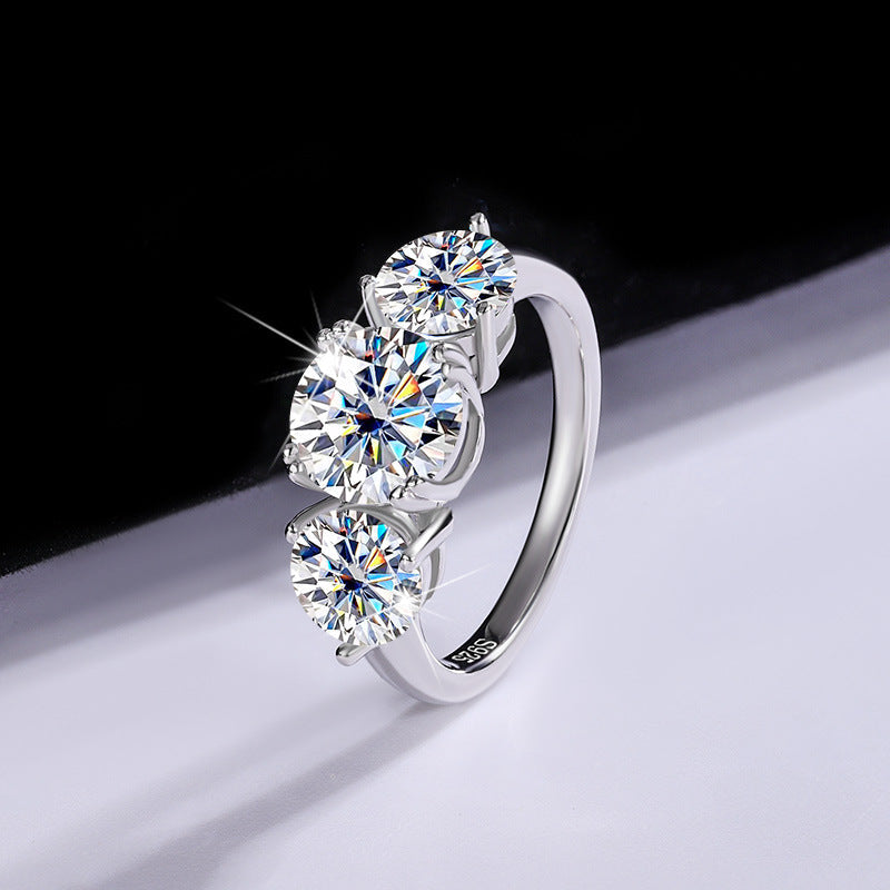 Round Cut Moissanite Diamond White 925 Sterling Silver 3-Stone Engagement Ring