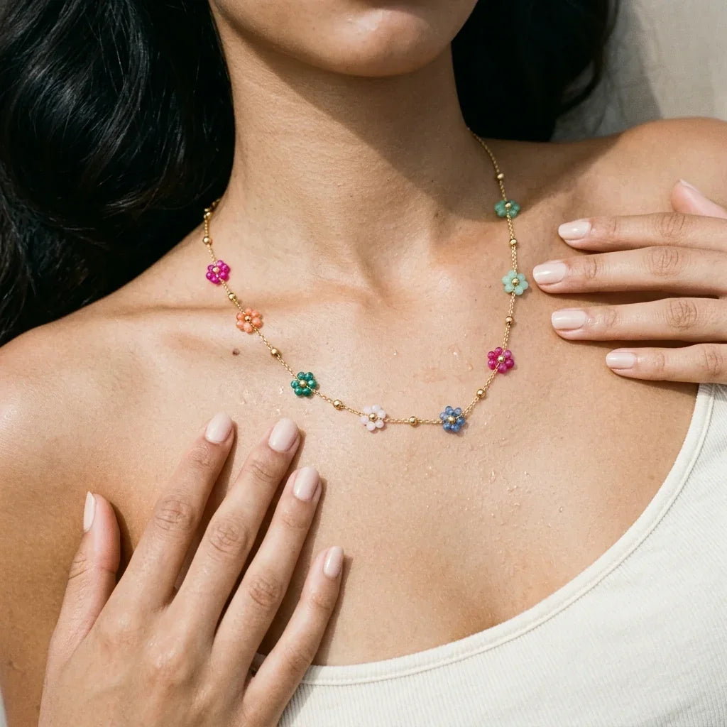 Women's Necklace with Multiple Flower Charms and Extension Chain