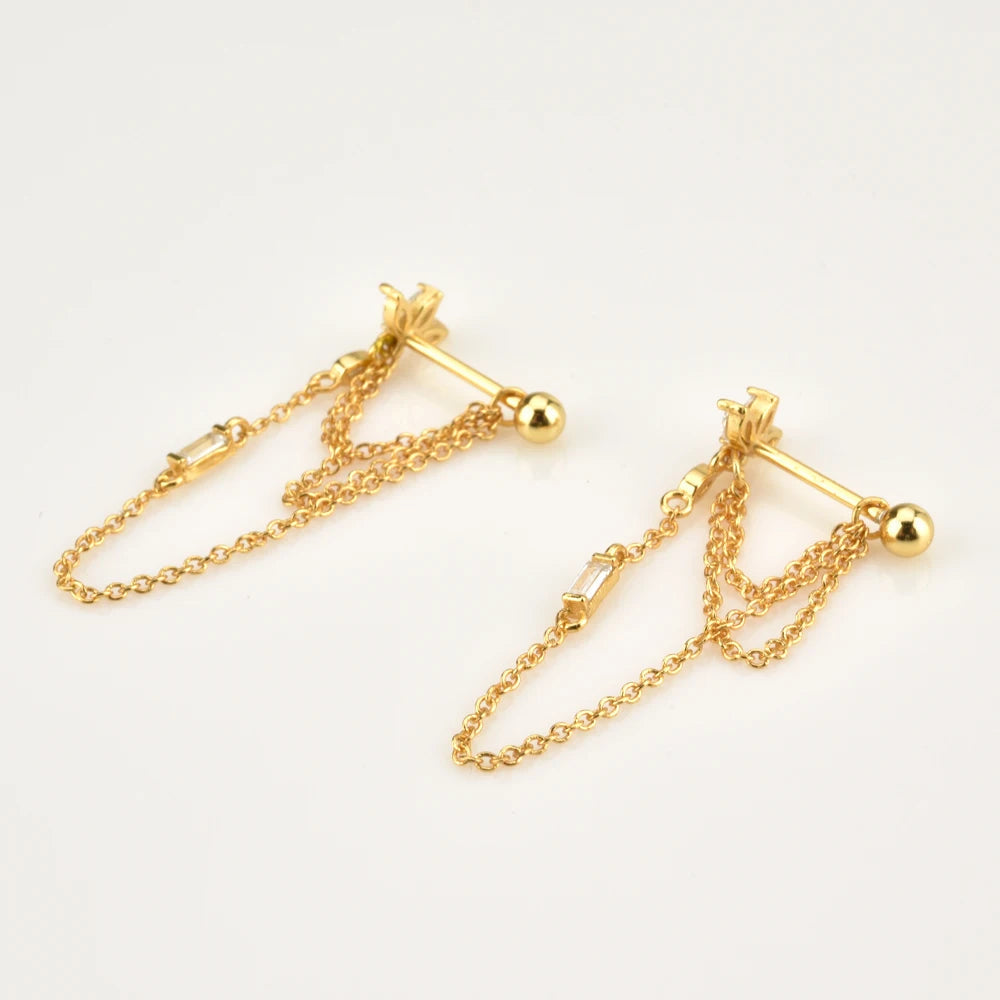 Women’s Chain Earrings with Star Motif and Elongated Stone Accent