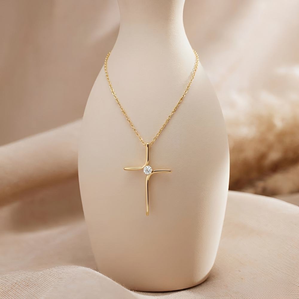 Women's Cross Necklace with Fine Line Motif and Central Stone Accent