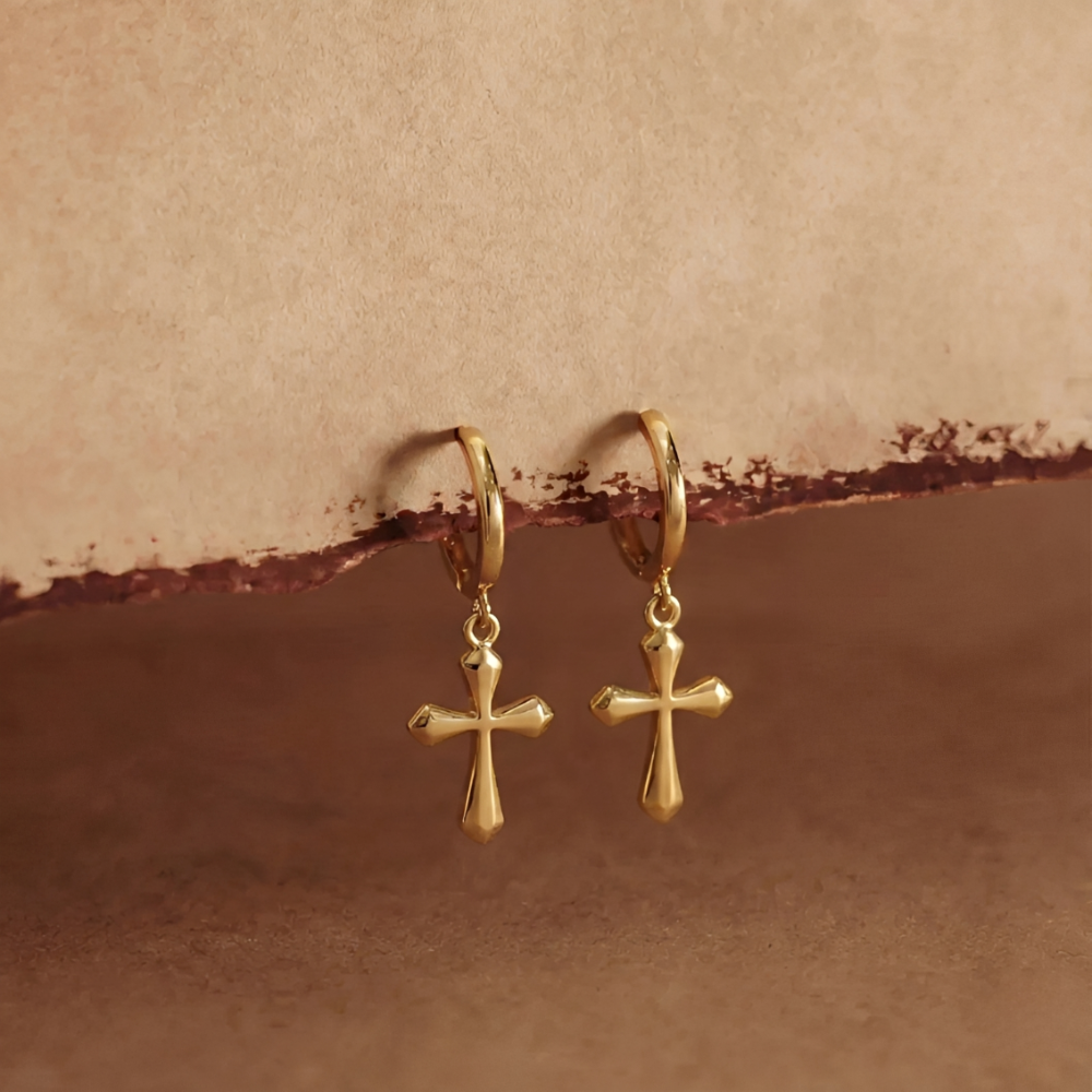 Women’s Huggie Earrings with Sculptural Cross Pendant