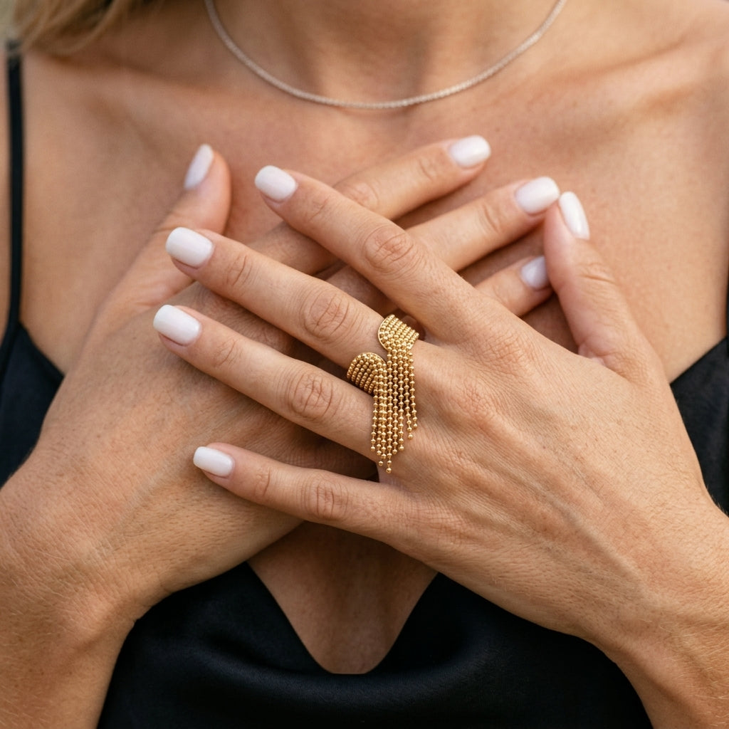 Women's Adjustable Statement Ring with Tassel Design and Multi-Row Chain Details