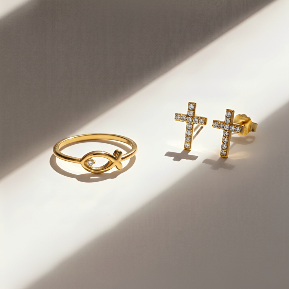 Women’s Ring with Ichthys Fish Symbol and Small Stone Accent
