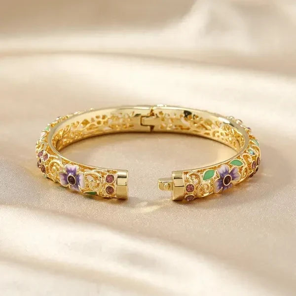 Women's Open Flower Bracelet with Enamel Details and Stone Accents