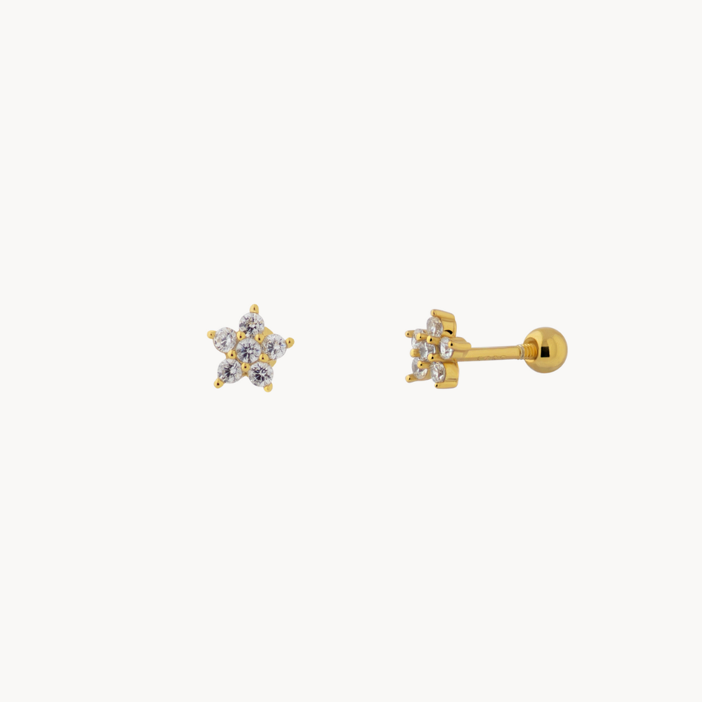 Women’s Flower Piercing with Round Stone Setting and Screw Ball Closure