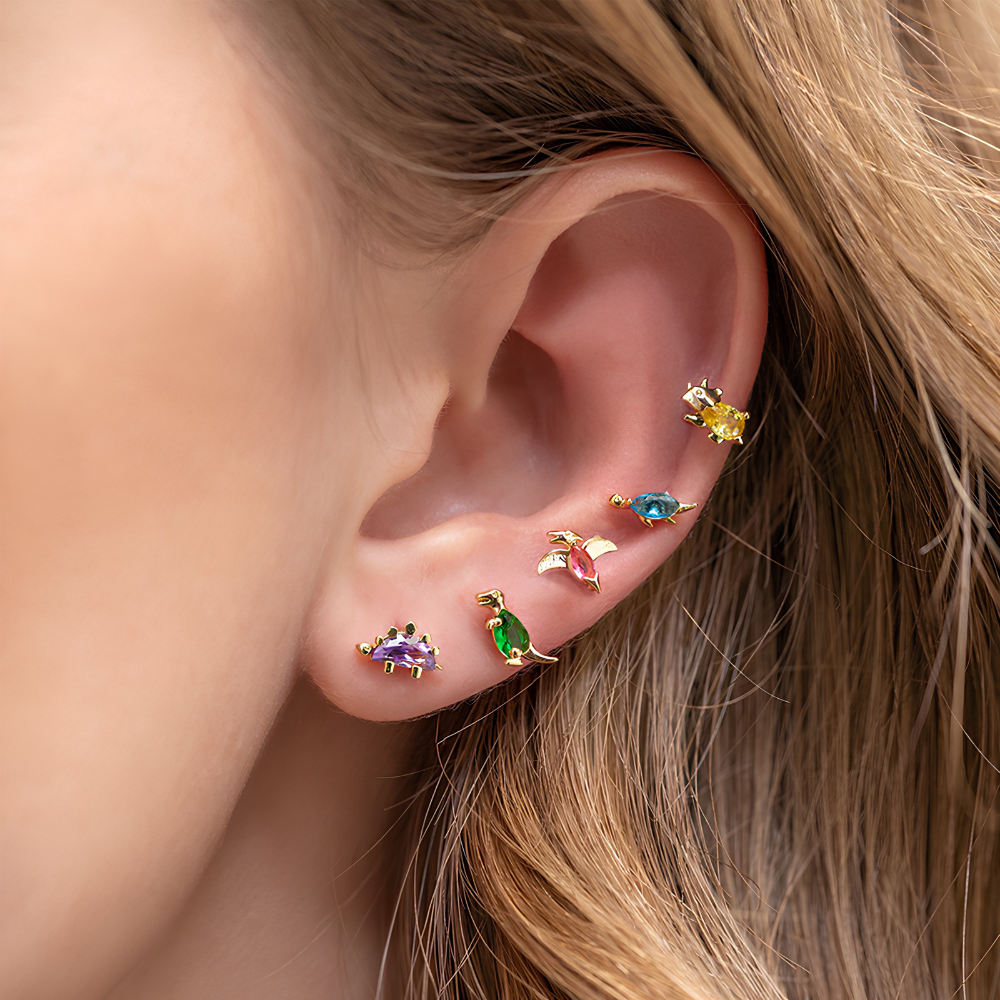 Ladies Dino Earrings in Pair with Dinosaur Design and Jewelry Stone Details