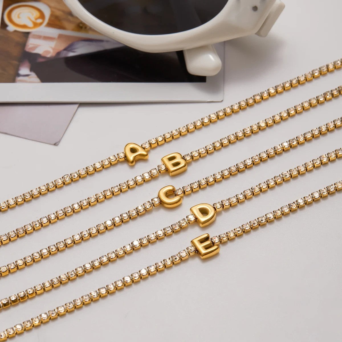 Women’s Initial Bracelet with Letter Charm and Stone Set Chain Details