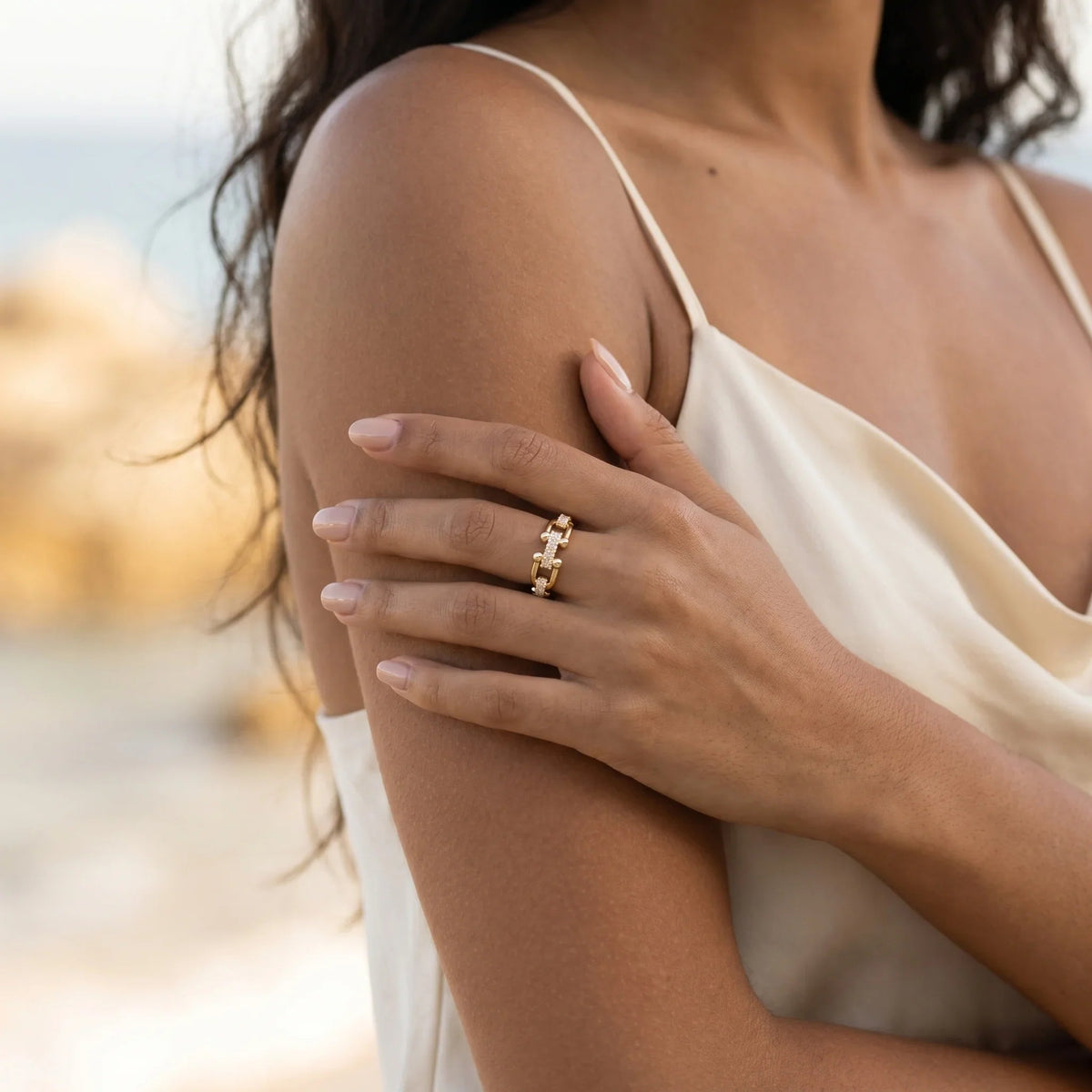 Women's Adjustable Open Ring with Diamond Simulators