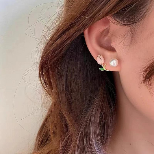 Tulip Pearl Studs - Violet Flower Pearl Earrings