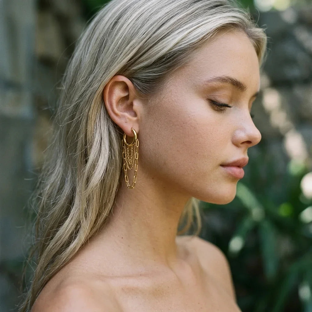 Women's Hoops with Multilayered Pendant Chains and Link Chain Design