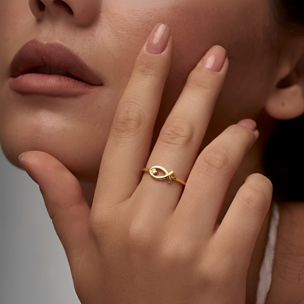 Women’s Ring with Ichthys Fish Symbol and Small Stone Accent