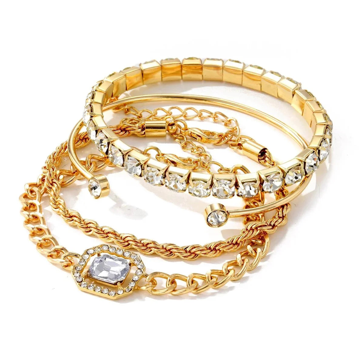 Women's 4-Piece Stackable Bracelet Set with Tennis Cuban Rope Chains and Open Design
