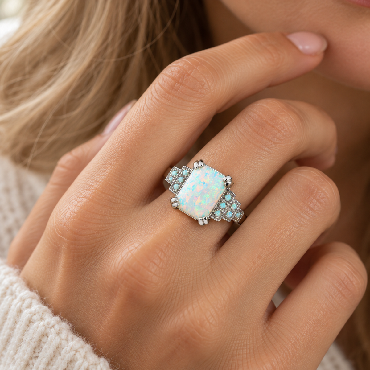 Women's Statement Ring in Art Deco Style with Rectangular Center Stone