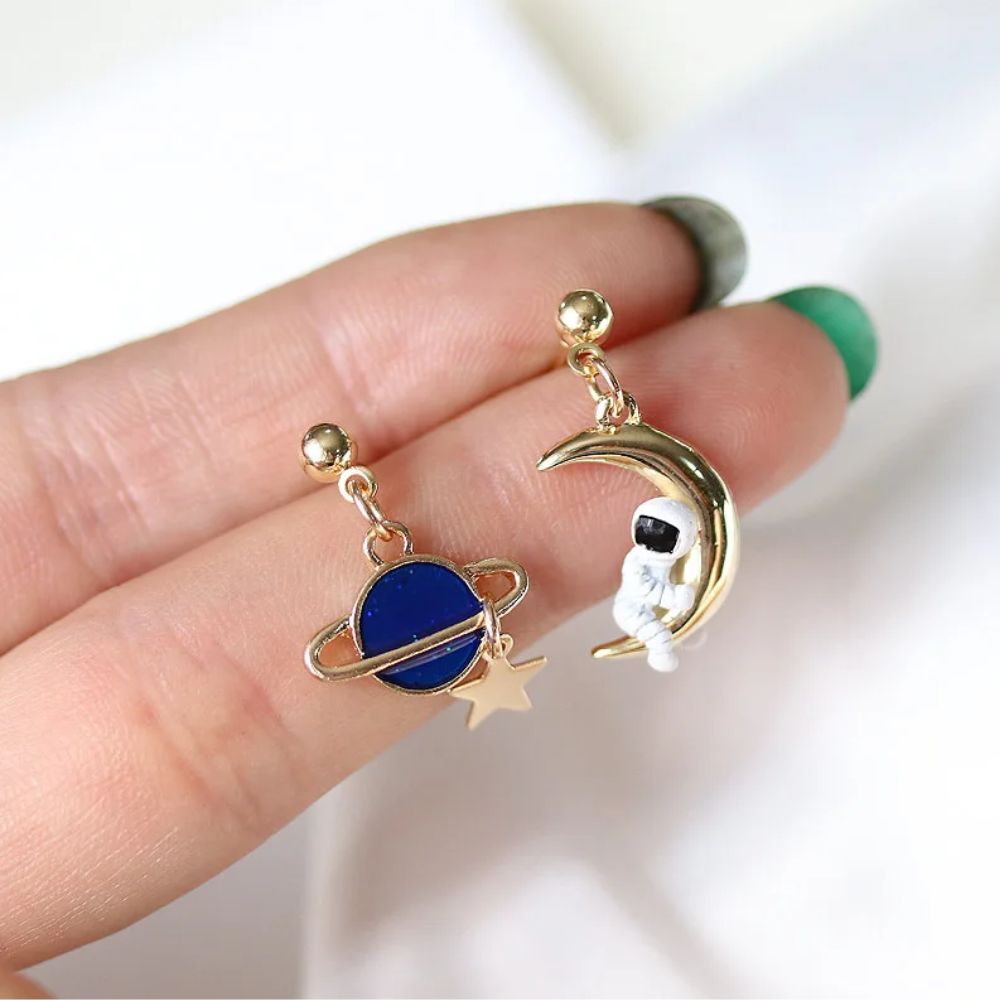 Women's Earrings with Astronaut and Planet Motif - Pair