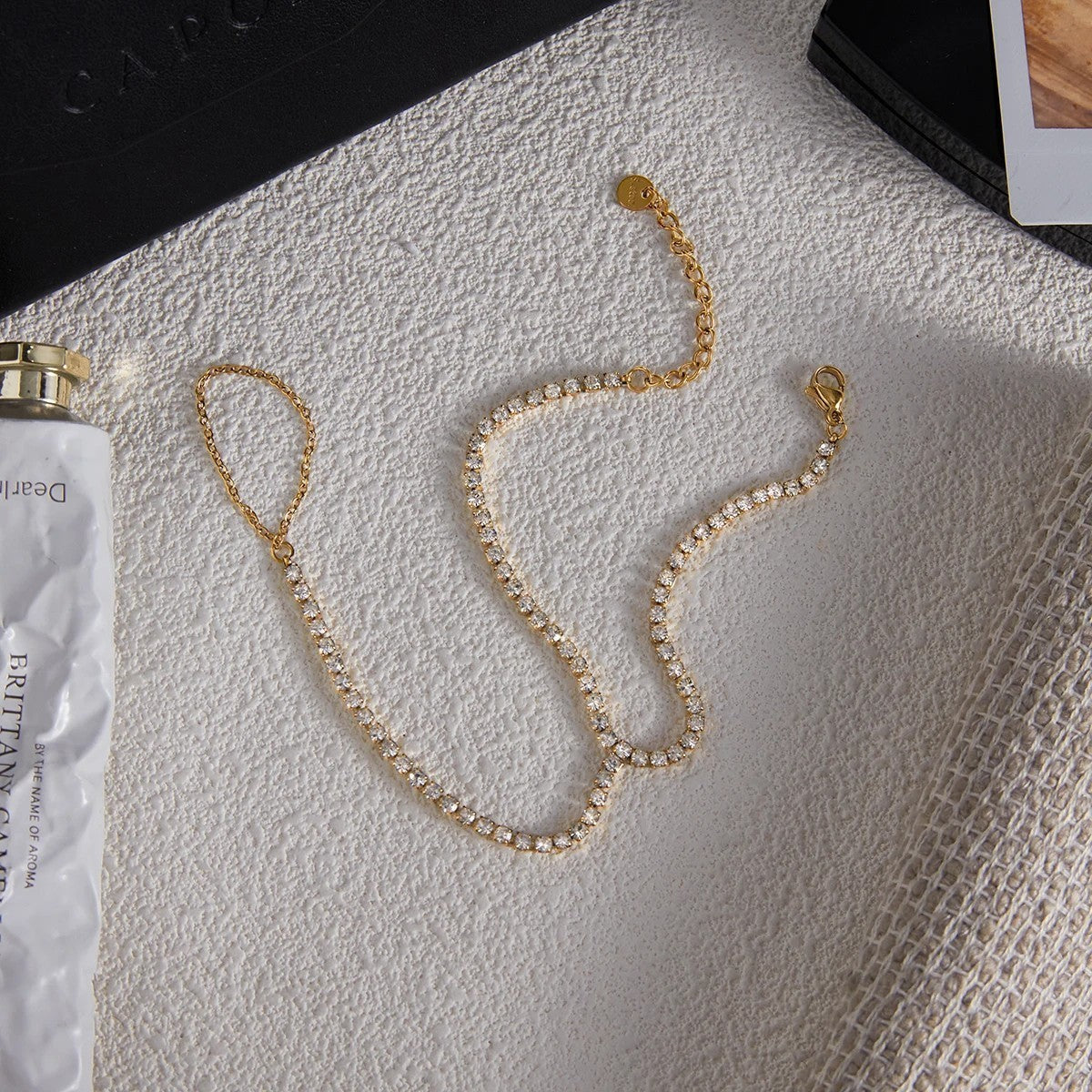 Women's Hand Chain with Round Stone Setting, Finger Ring and Adjustable Bracelet