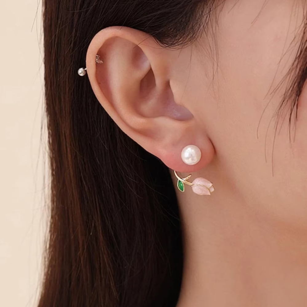 Tulip Pearl Studs - Violet Flower Pearl Earrings