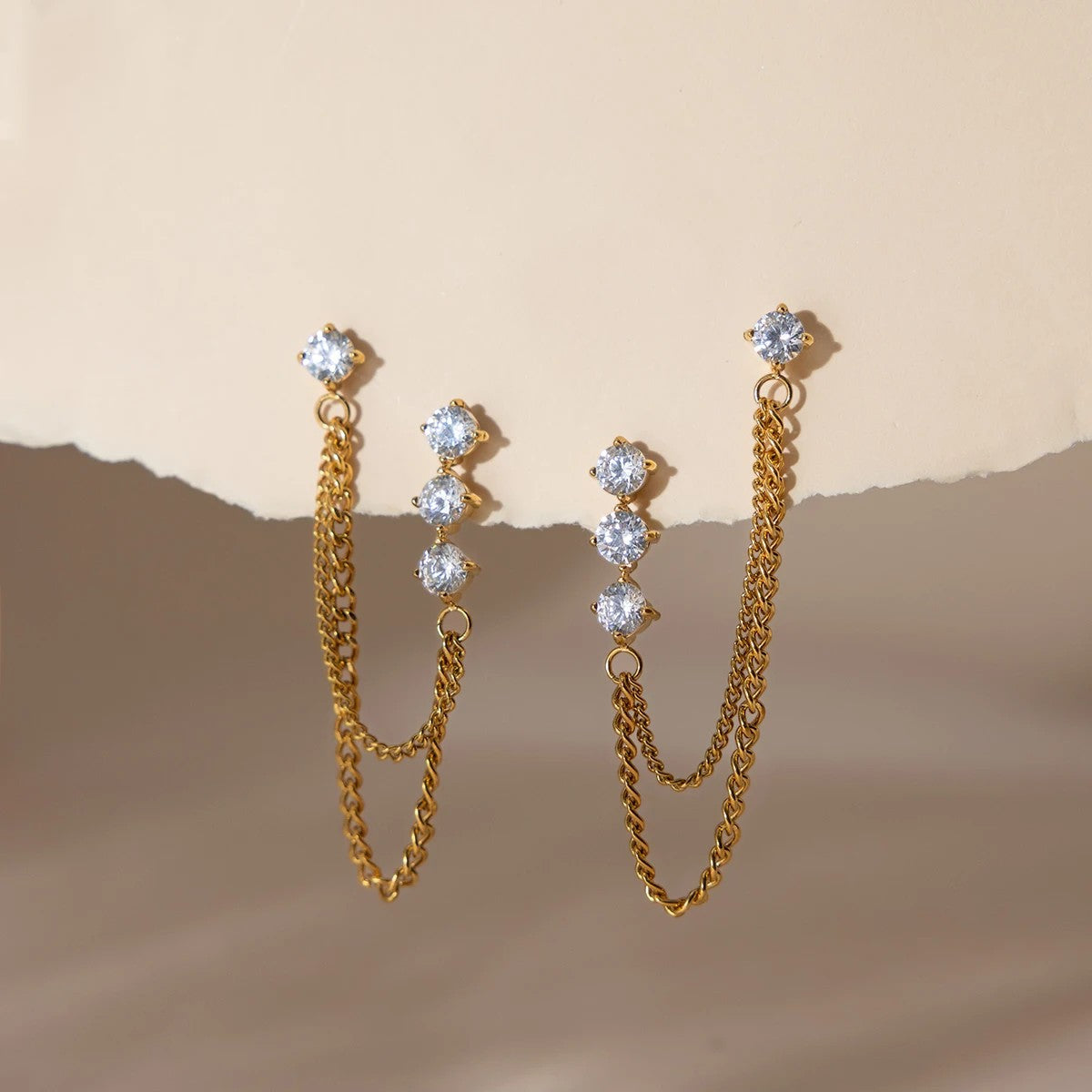 Women’s Ear Studs with Vertical Stone Row and Double Chain Arc