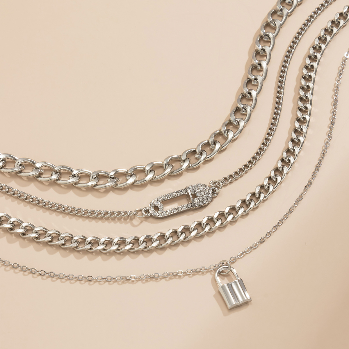 4-Piece Chain Necklace Set - Retro Lock Pin Chain Set