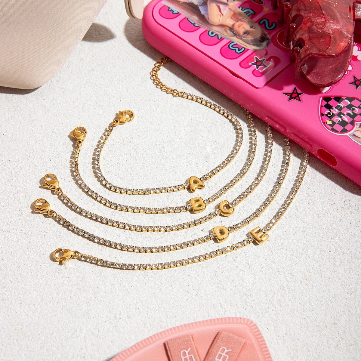 Women’s Initial Bracelet with Letter Charm and Stone Set Chain Details