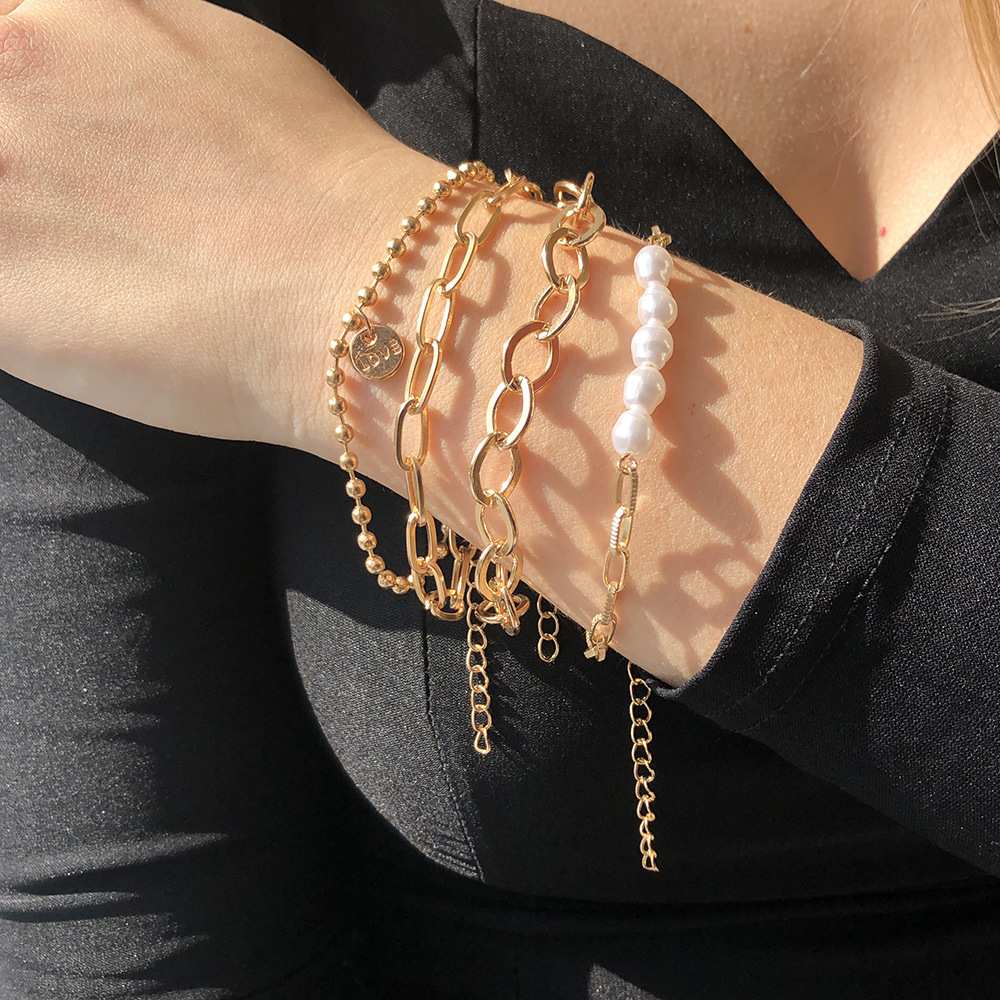 3-piece gold pearl bracelet - large chain set