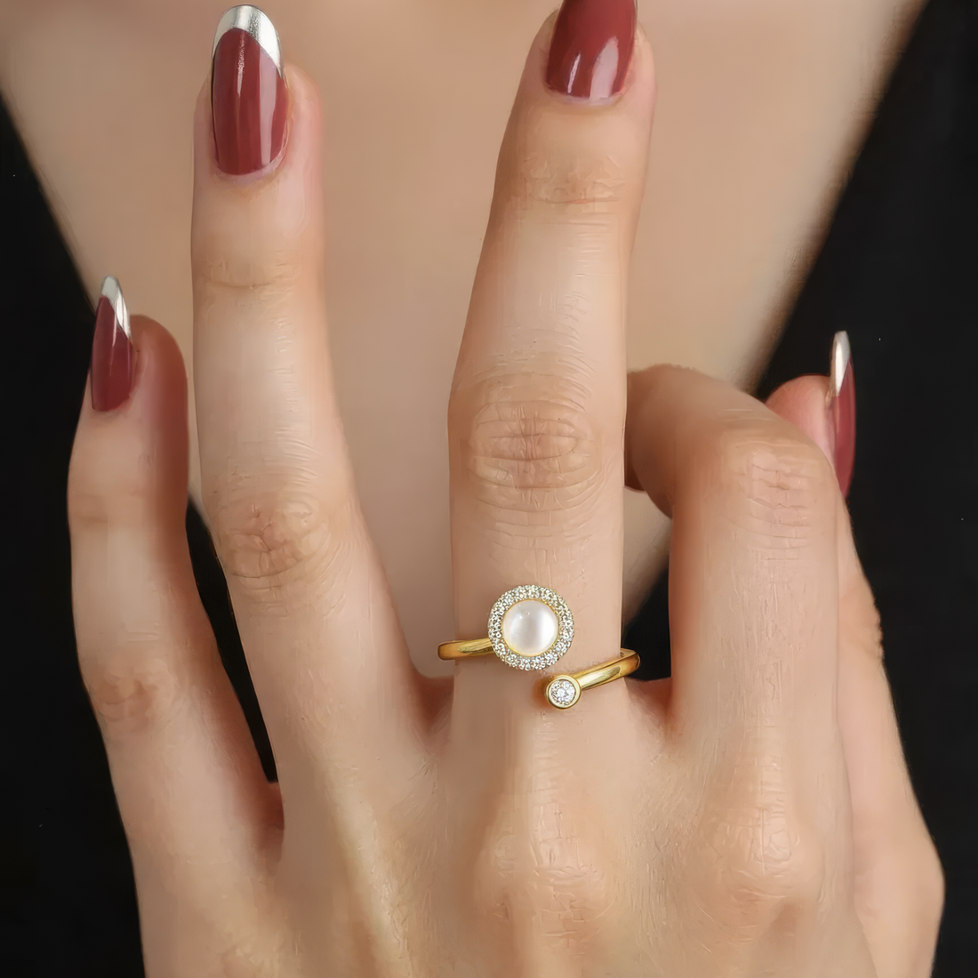 Women’s Adjustable Open Ring with Round Center Piece and Stone Set Frame