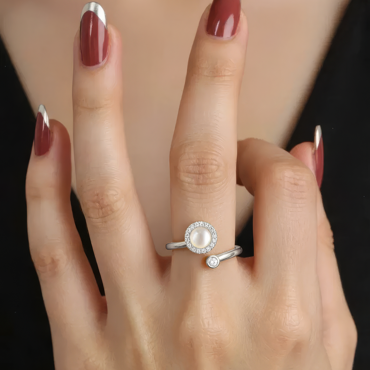 Women’s Adjustable Open Ring with Round Center Piece and Stone Set Frame