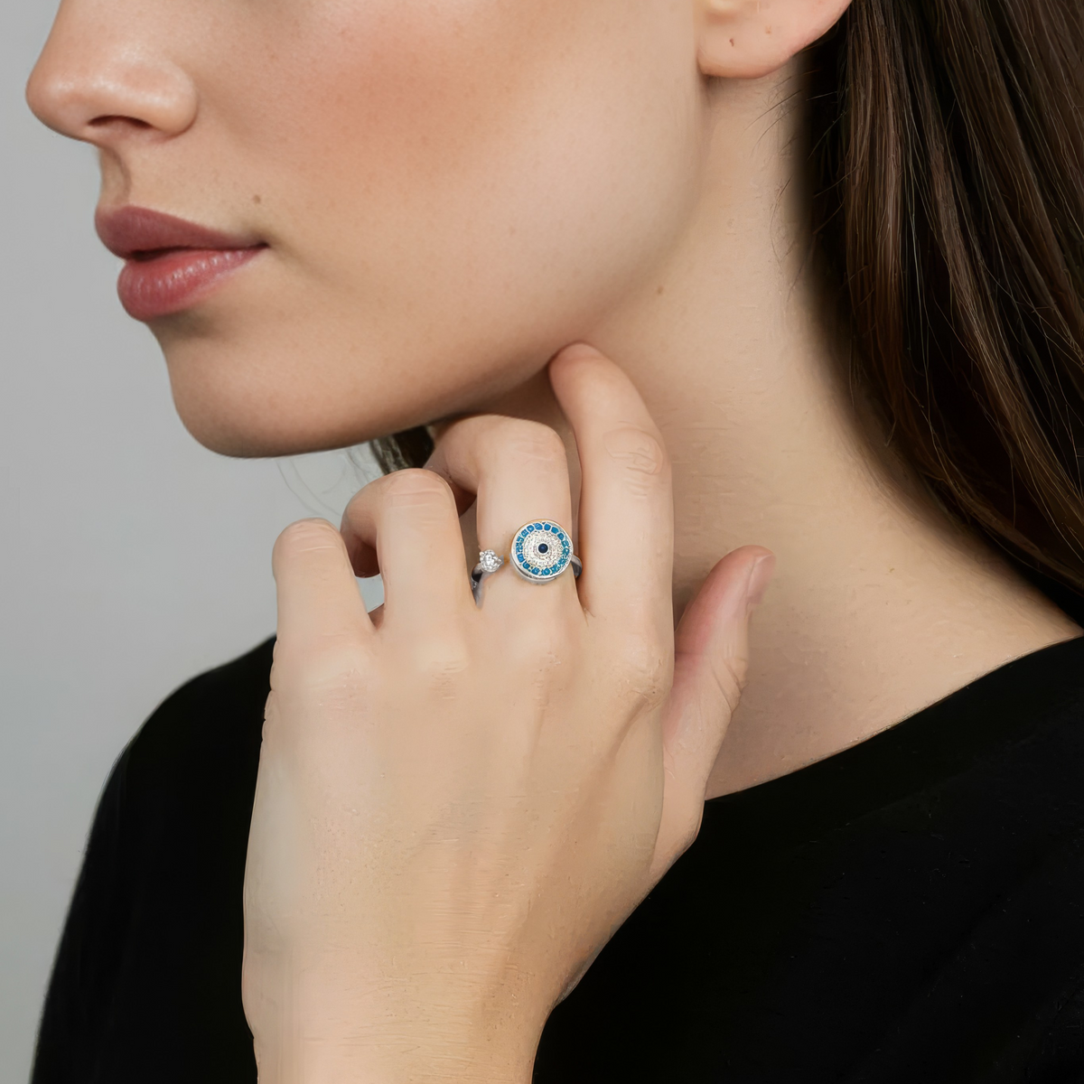 Women’s Adjustable Open Ring with Eye Motif and Round Stone Setting