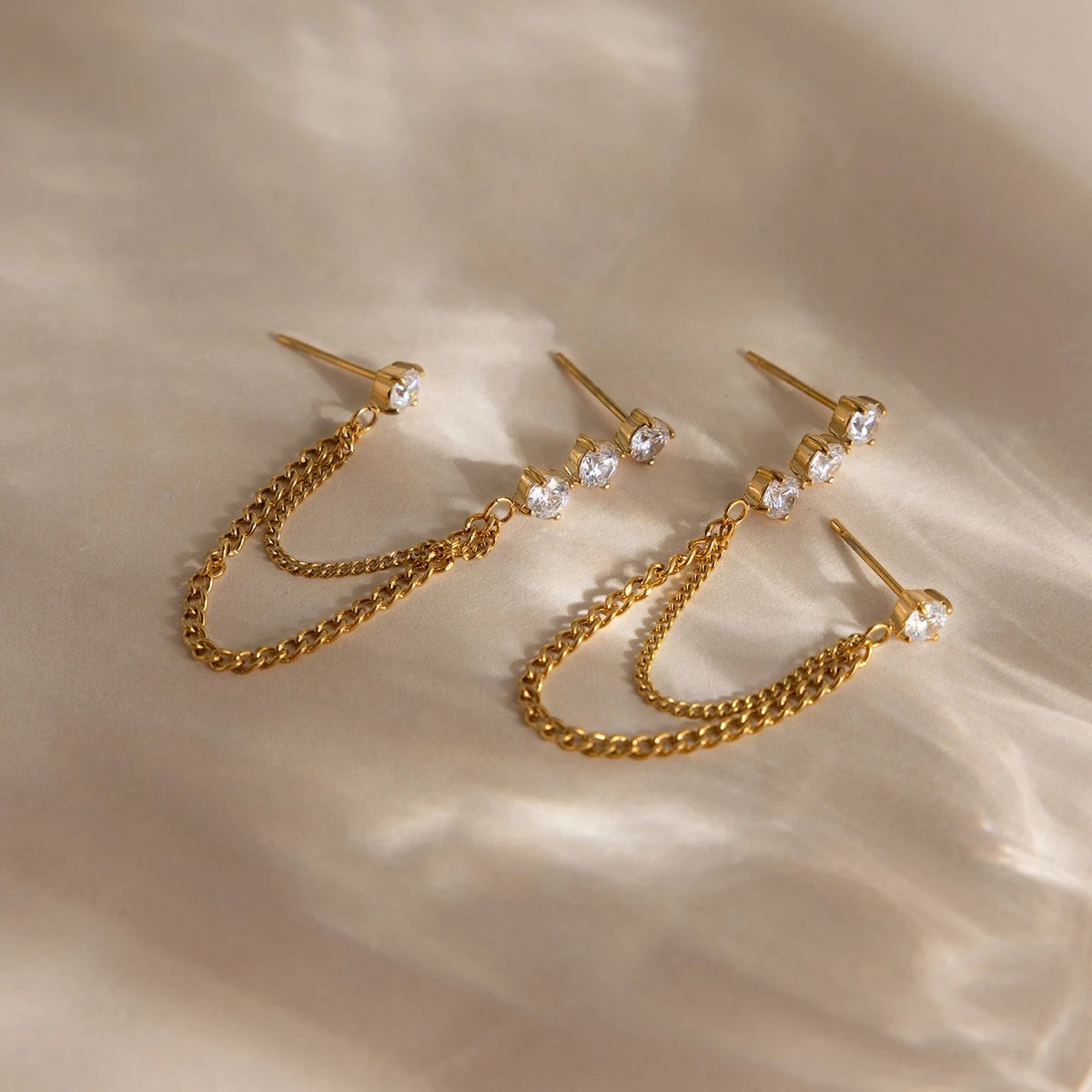 Women’s Ear Studs with Vertical Stone Row and Double Chain Arc