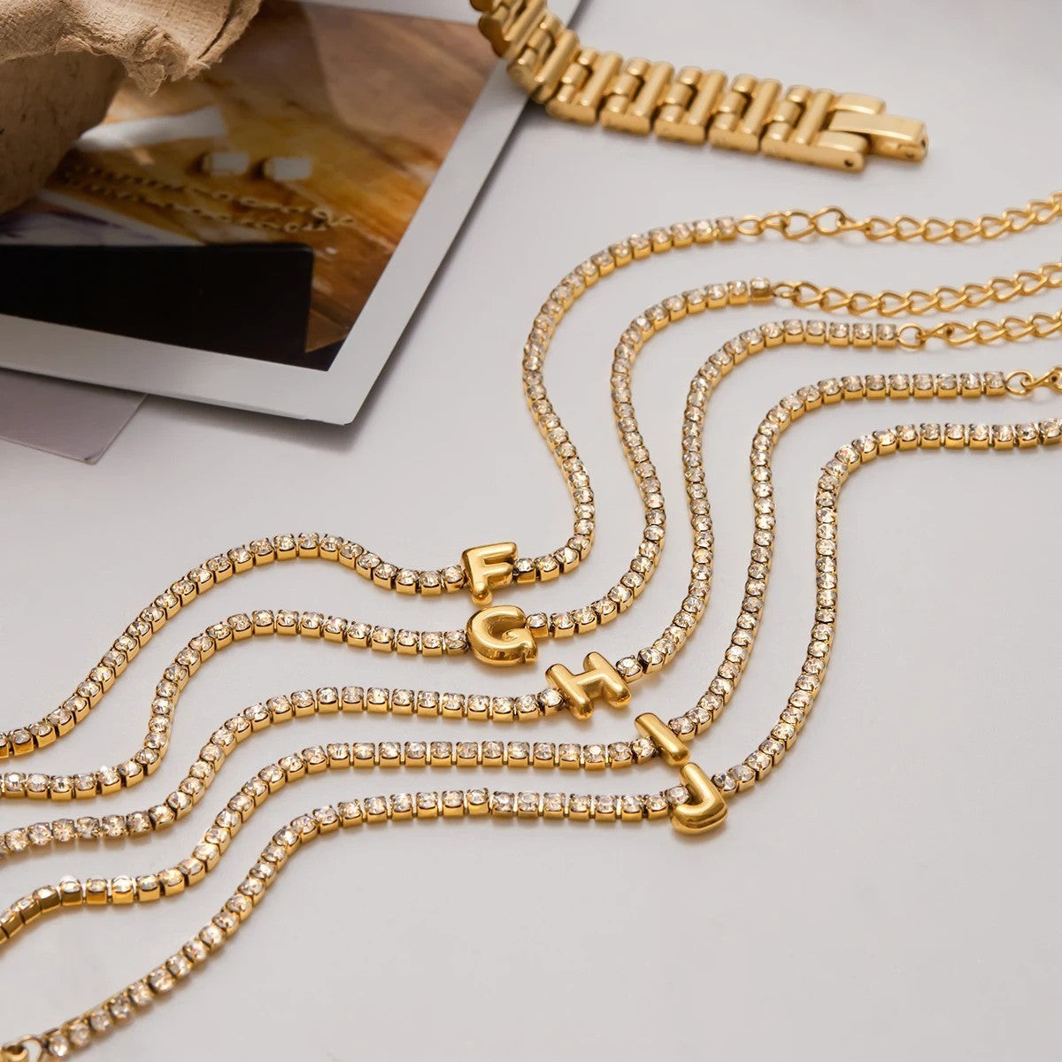 Women’s Initial Bracelet with Letter Charm and Stone Set Chain Details