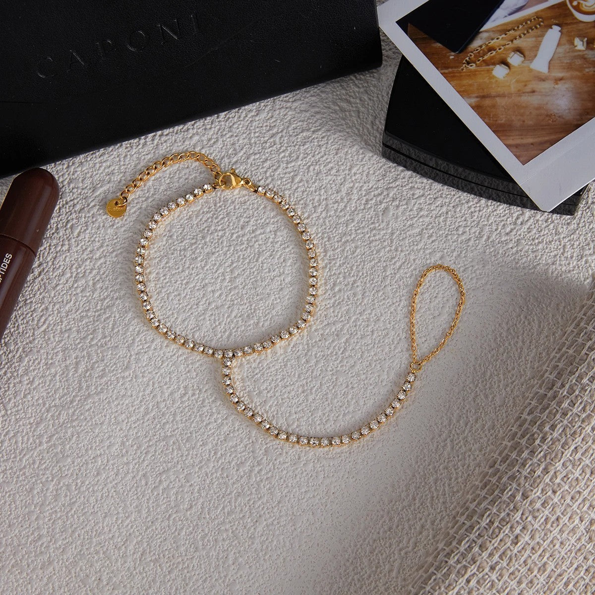 Women's Hand Chain with Round Stone Setting, Finger Ring and Adjustable Bracelet