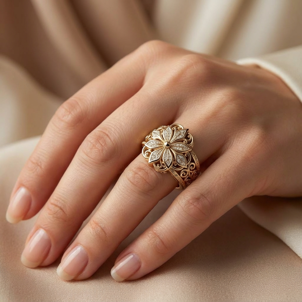Women's Statement Ring with Floral Motif and Decorative Stone Accents