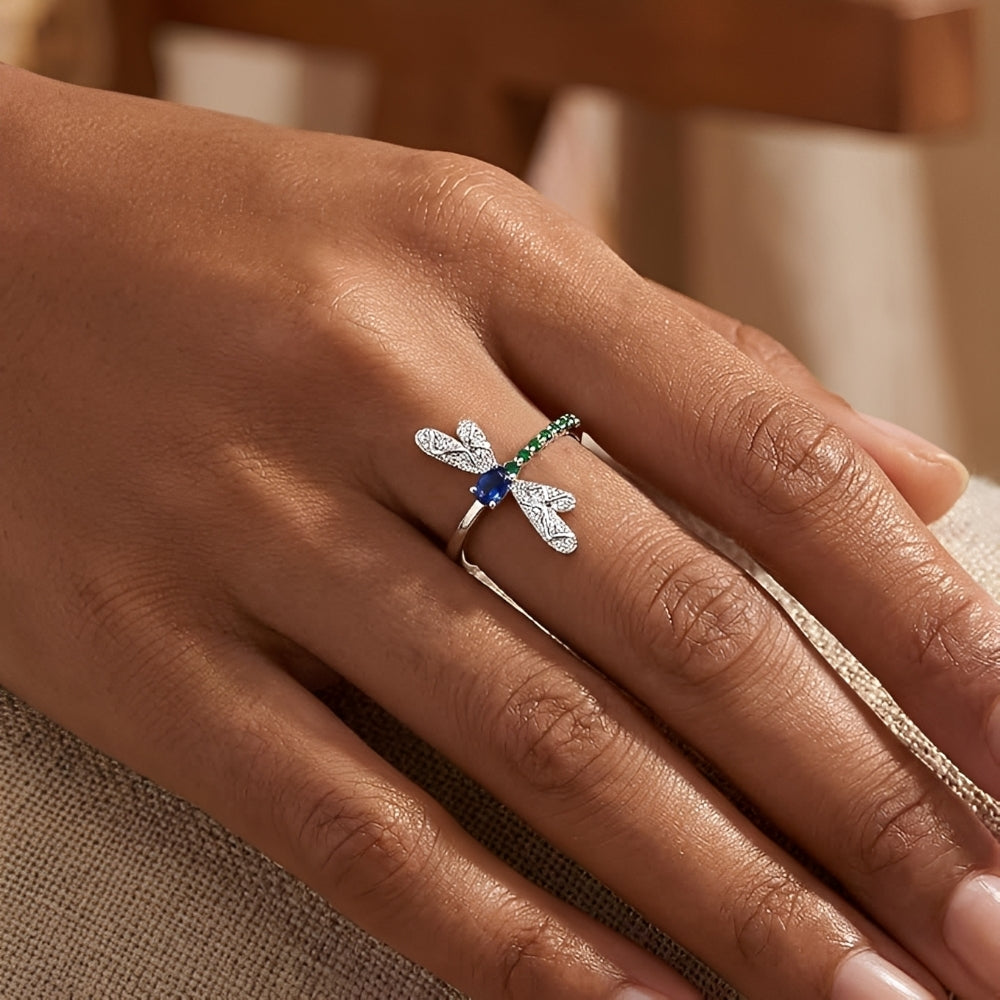 Women’s Dragonfly Ring with Multiple Stone Accents and Detailed Wings