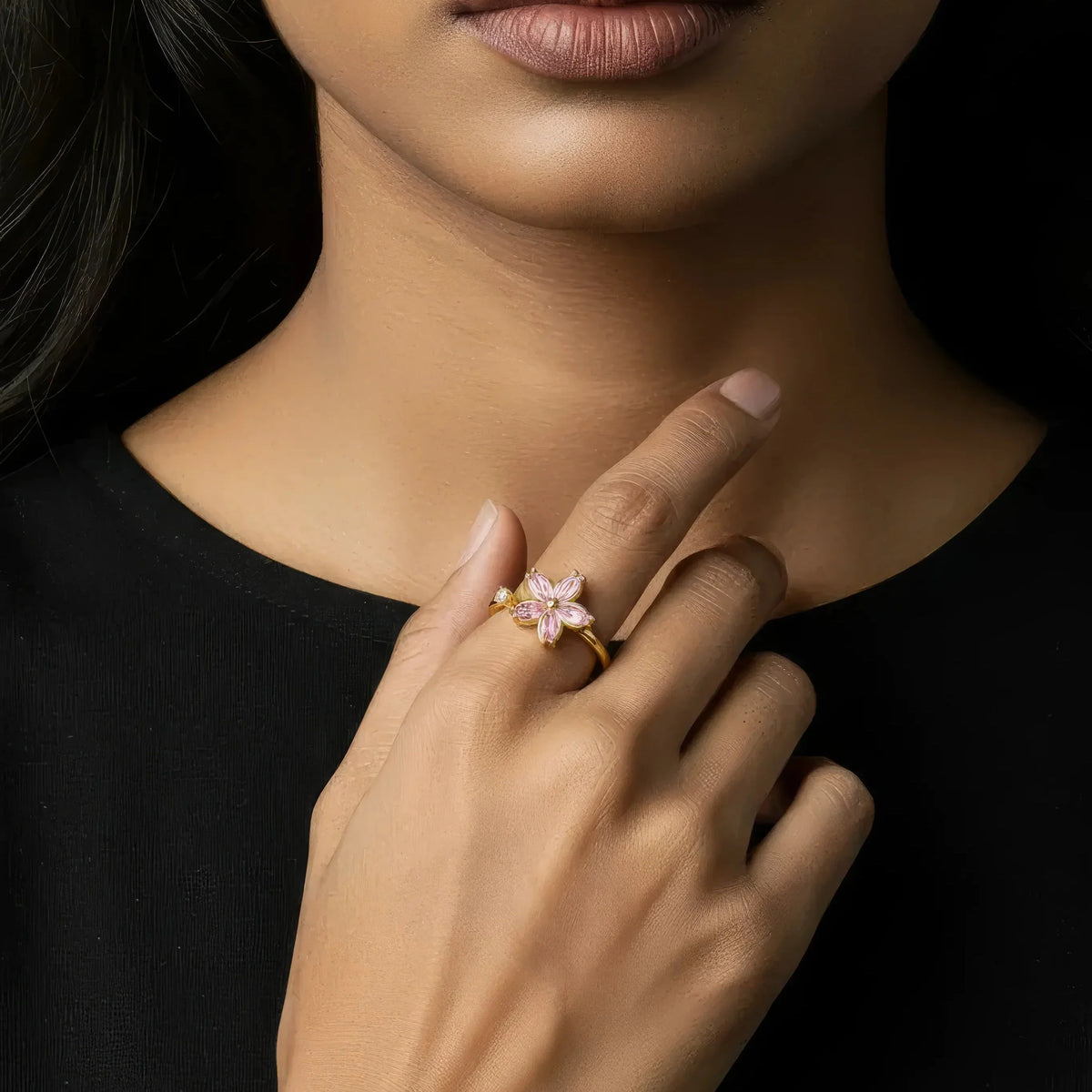 Women’s Adjustable Open Ring with Flower Motif and Small Stone Accent