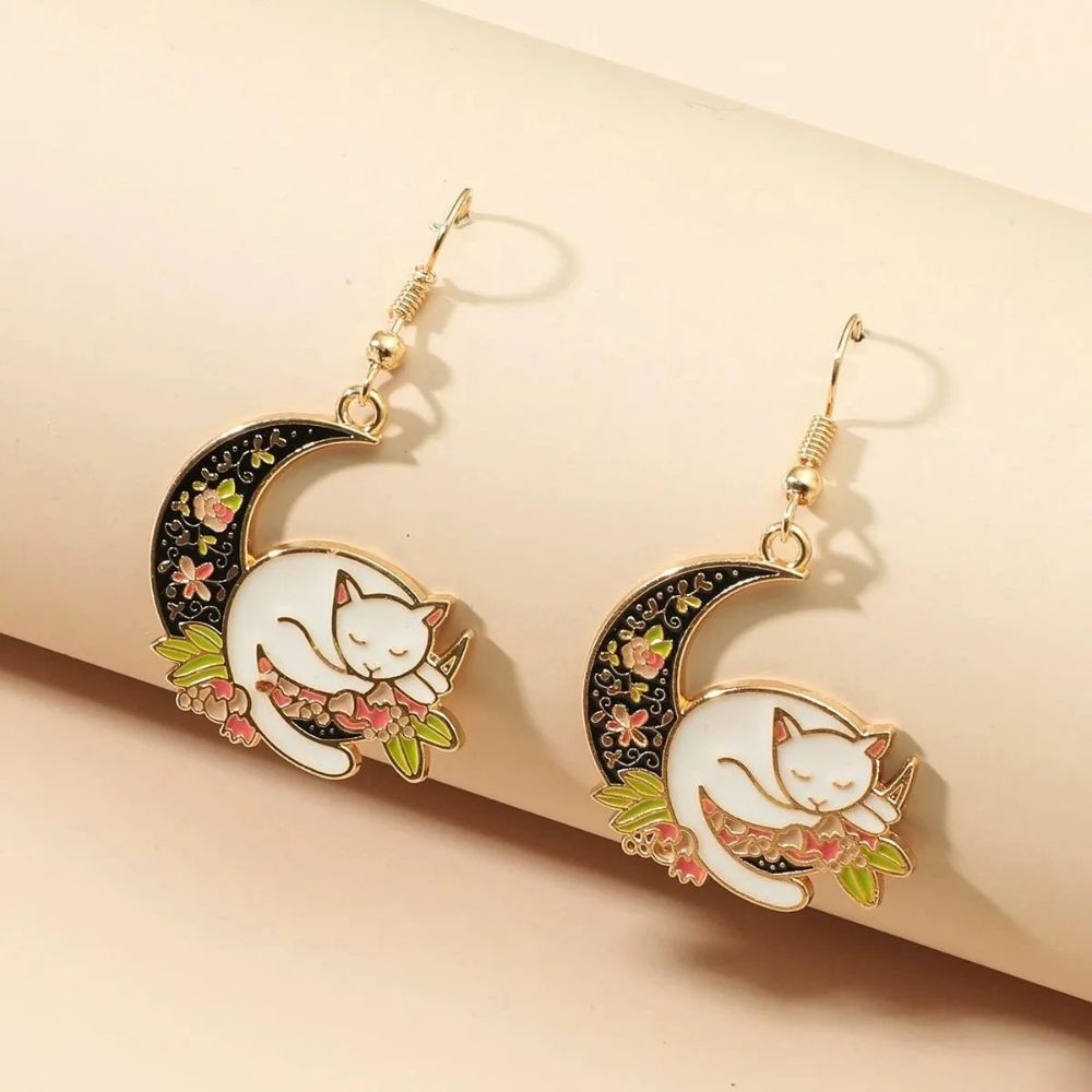 Ladies Earrings with Cat on Half Moon - Pair