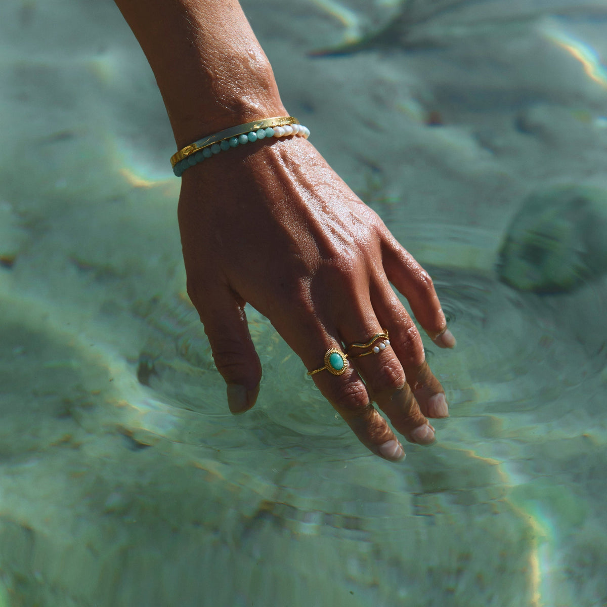 Women’s Ring with Amazonite Center Stone and Grooved Band