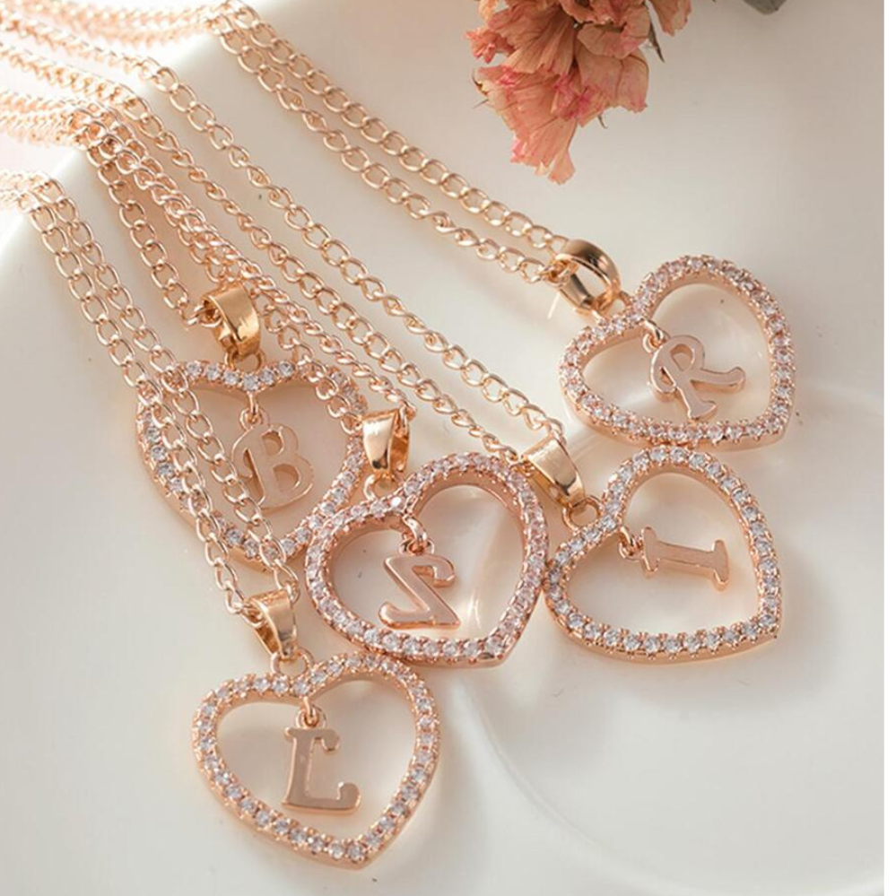 Crystal Letter Heart Necklace - Necklace with Heart Letter Pendant