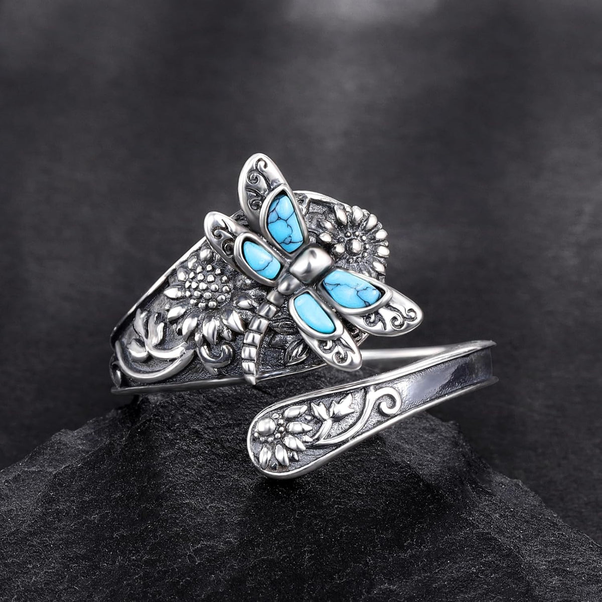 Women’s Open Statement Bracelet with Dragonfly Motif and Floral Relief Details