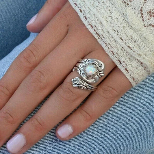 Maelle – Adjustable Spoon Ring with White Opal